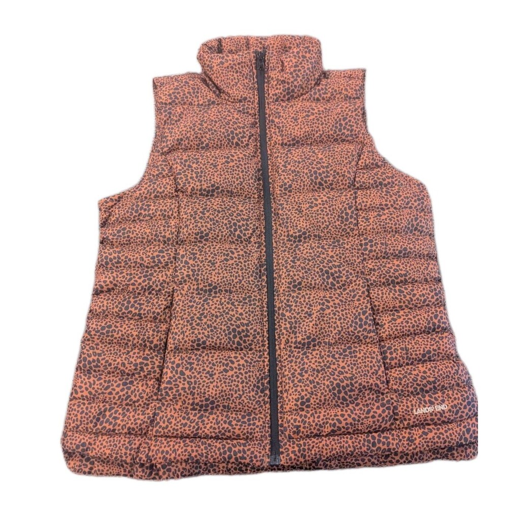 Lands’ End Puffer Feathered Down Vest Sz M Zip‎ Close Cheetah Animal Print Read